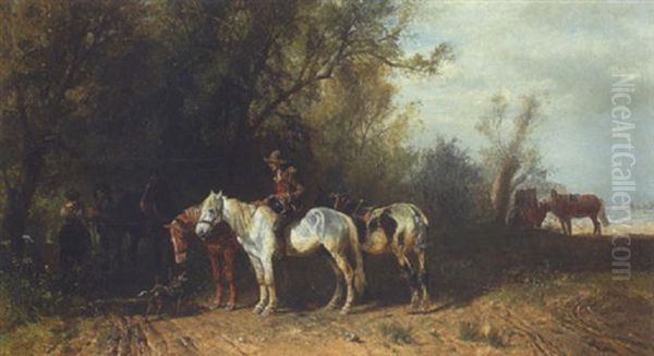 Bauern Mit Pferden Bei Der Rast Oil Painting by Ludwig Hartmann