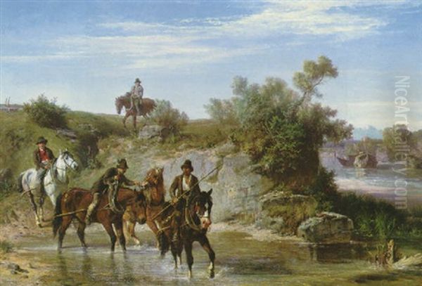 Oberbayerische Flusslandschaft (am Inn?) Mit Treidlern In Der Furt Vorn Oil Painting by Ludwig Hartmann