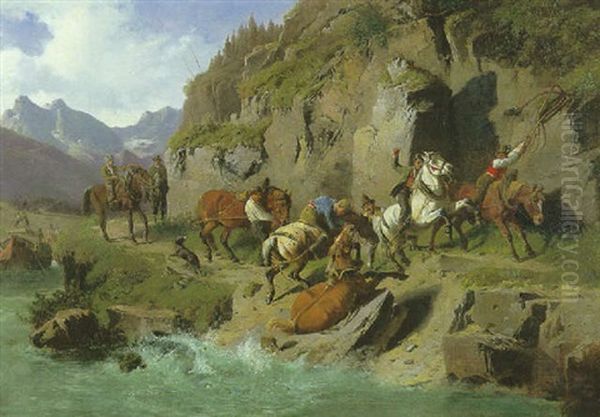 Treidelknechte Mit Pferden Auf Dem Leinpfad Am Flusufer Beim Schleppen Von Lastkahnen (inn-tal?) Oil Painting by Ludwig Hartmann