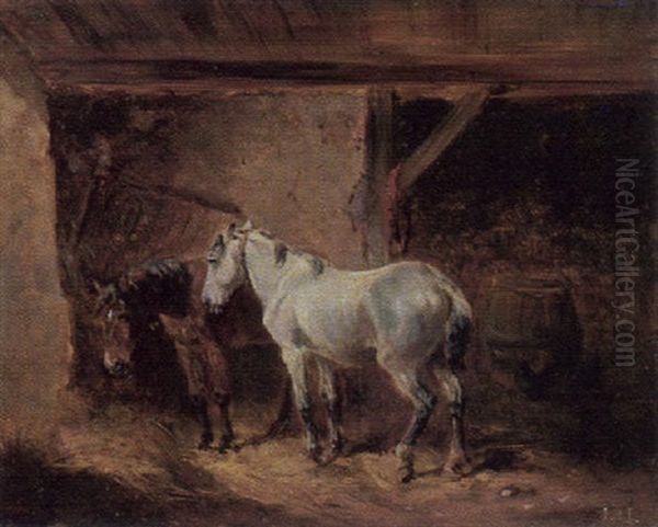 Zwei Pferde Im Stall Bei Der Futterkrippe Oil Painting by Ludwig Hartmann