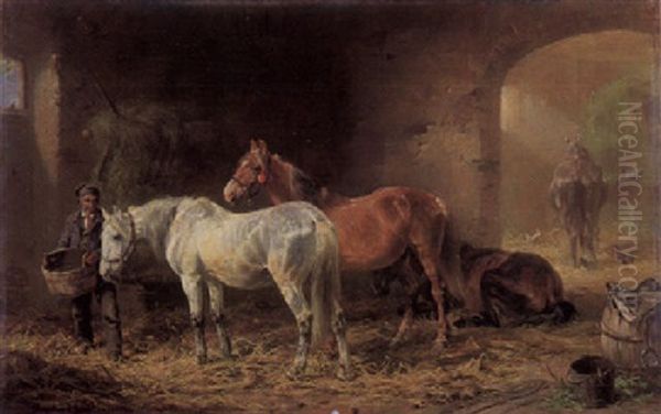 Bauer Im Pferdestall Beim Tranken Der Rosse Oil Painting by Ludwig Hartmann