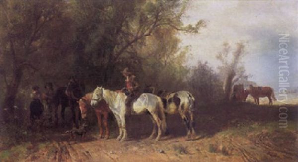 Bauern Mit Pferden Am Waldrand Oil Painting by Ludwig Hartmann