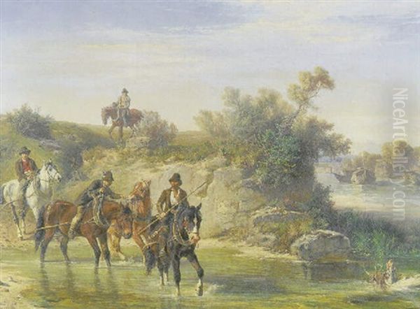 Chevaux Passant Au Gue Oil Painting by Ludwig Hartmann