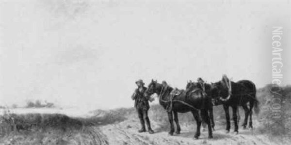 Resting The Horses Oil Painting by Ludwig Hartmann