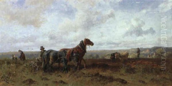 Bauern Beim Pflugen Mit Pferde- Und Ochsengespann Oil Painting by Ludwig Hartmann