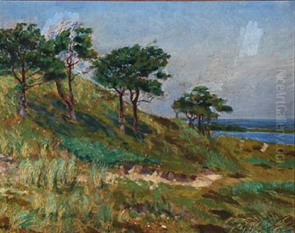 Cliff With Windswept Trees, Guldborgsund Oil Painting by Oluf Hartmann