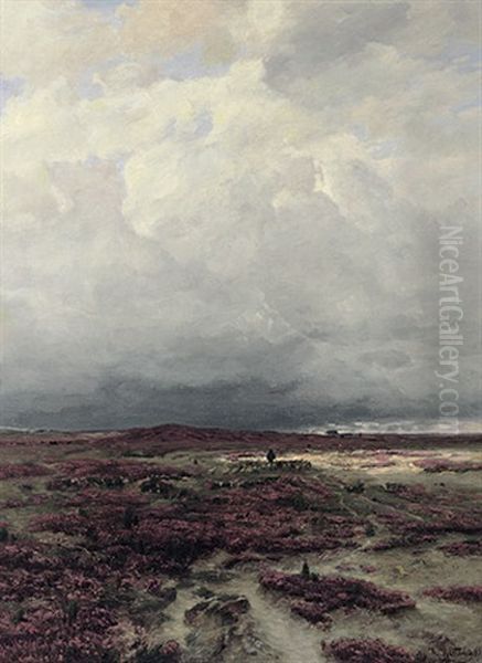 Blick In Die Herbstliche Luneburger Heide Mit Bluhender Erika Und Schafer Mit Seiner Herde Oil Painting by Heinrich Hartung the Elder