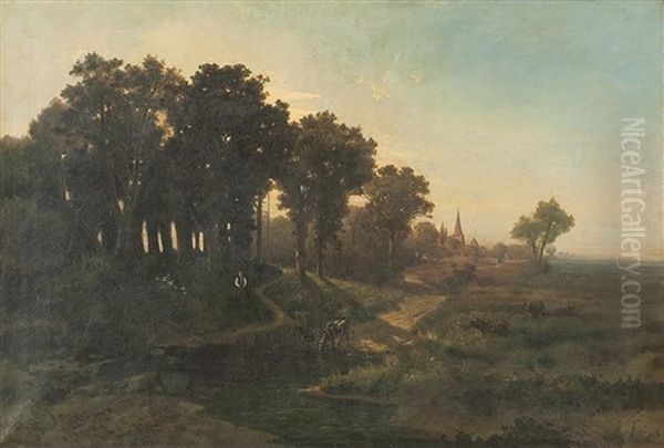 Flusslandschaft Mit Hirte, Weidender Kuh Und Dorf Oil Painting by Heinrich Hartung the Elder