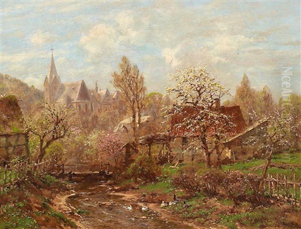 Fruhling In Einem Kirchdorf Im Rheintal Oil Painting by Heinrich Hartung the Elder