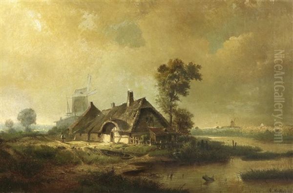 Friesische Landschaft Mit Gehoft Und Windmuhle Oil Painting by Heinrich Hartung the Elder