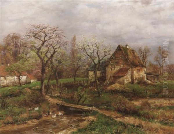 Fruhlingserwachen. Bauernkaten An Bachlauf In Feld- Und Wiesenlandschaft Oil Painting by Heinrich Hartung the Elder