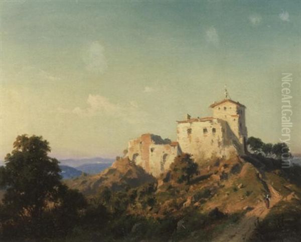 Italienische Landschaft. Alte Burganlage Auf Einem Hugel Im Abendlicht Oil Painting by Heinrich Hartung the Elder