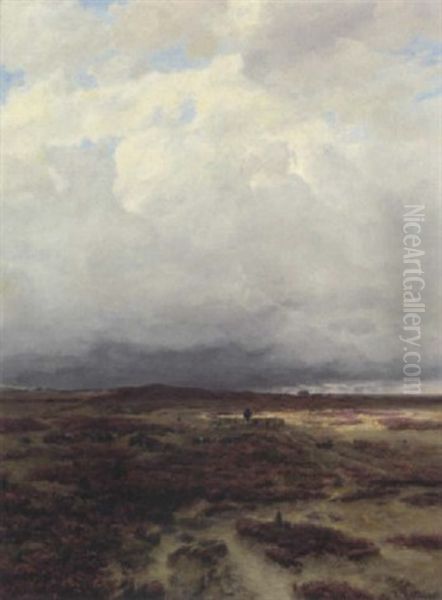 Schafer Mit Herde In Der Luneburger Heide Oil Painting by Heinrich Hartung the Elder