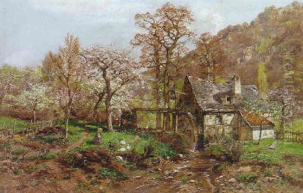 A Young Girl By A Mill Among Spring Blossoms Oil Painting by Heinrich Hartung the Elder