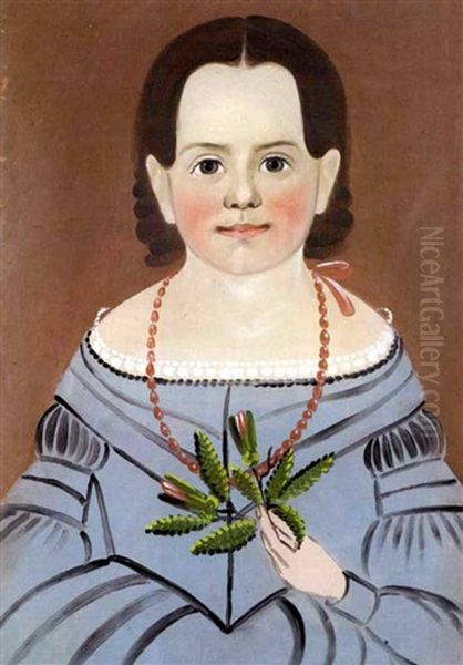 Girl In Blue Dress With Coral Beaded Necklace, Holding Floral Sprig Oil Painting by George G. Hartwell