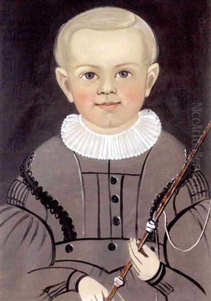 Young Blonde Boy With Rosy Cheeks In Gray Outfit With White Lace Collar, Holding Riding Crop Oil Painting by George G. Hartwell