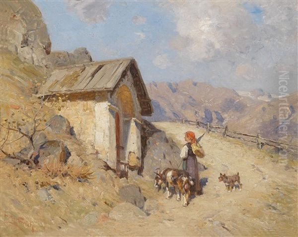 Ziegenhirtin In Den Bergen Oil Painting by Emil Hermann Hartwich