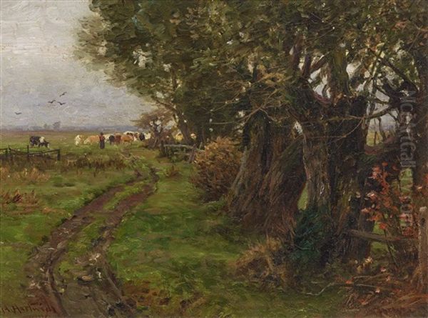 Tree Landscape With Cowherd Oil Painting by Hermann Hartwich