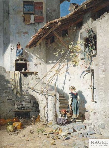 Sudtiroler Bauerin Und Tochter Im Sonnigen Hof Des Bauernhauses Oil Painting by Hermann Hartwich