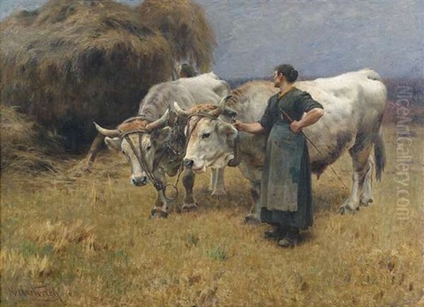 Bei Der Heuernte. Bauerin Mit Einem Ochsengespann Oil Painting by Hermann Hartwich