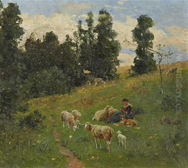 Fruhlingslandschaft Mit Junger Schafhirtin Oil Painting by Hermann Hartwich