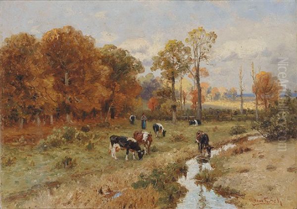 Hirten Mit Kuhen In Herbstlicher Abendlicher Weidelandschaft Oil Painting by Hermann Hartwich