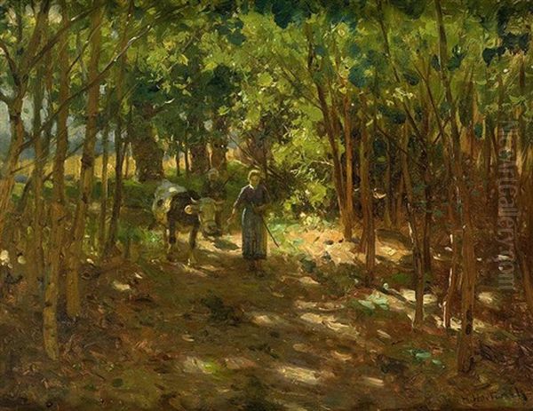 Hutermadchen Mit Kuh Auf Lichtdurchflutetem Waldweg Mit Durchblick Auf Weizenfeld Oil Painting by Hermann Hartwich