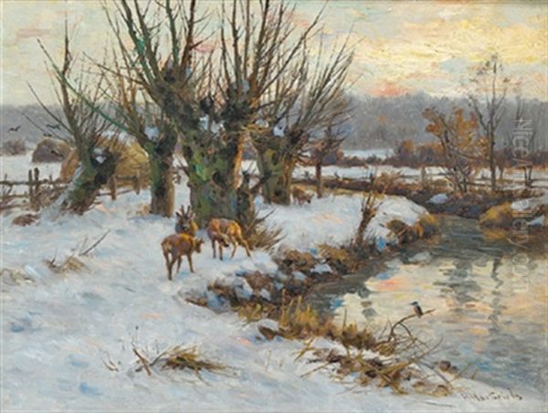 Rehe Am Bach Oil Painting by Hermann Hartwich