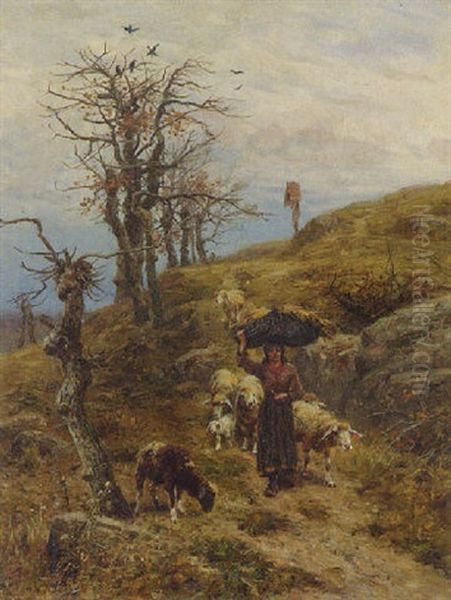 Junge Schaferin Mit Ihrer Herde Oil Painting by Hermann Hartwich