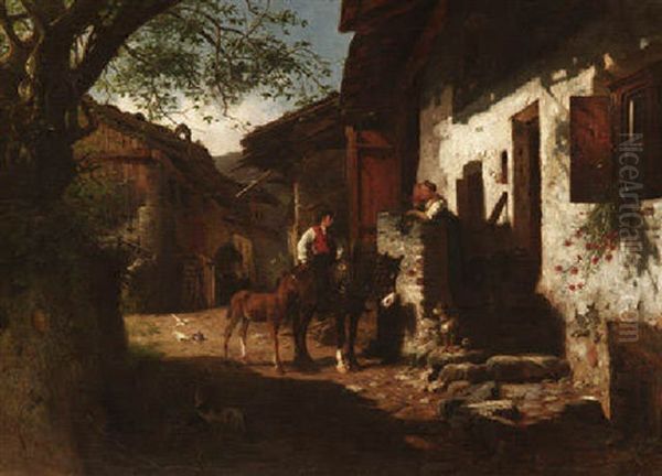 Heimkehr Vom Felde - Bauer Mit Spannpferd Vor Einem Alpenlandischen Bauernhaus Oil Painting by Hermann Hartwich