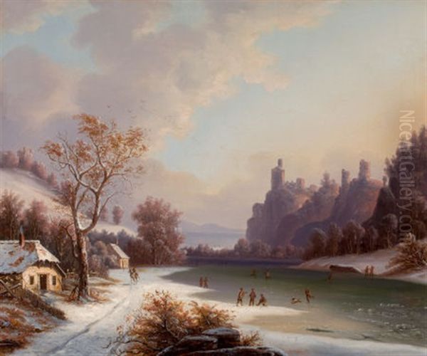 Ice Skating Scene Oil Painting by Gunther Hartwick