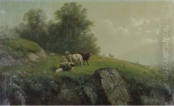 Sheep On A Rocky Hillside Oil Painting by Gunther Hartwick