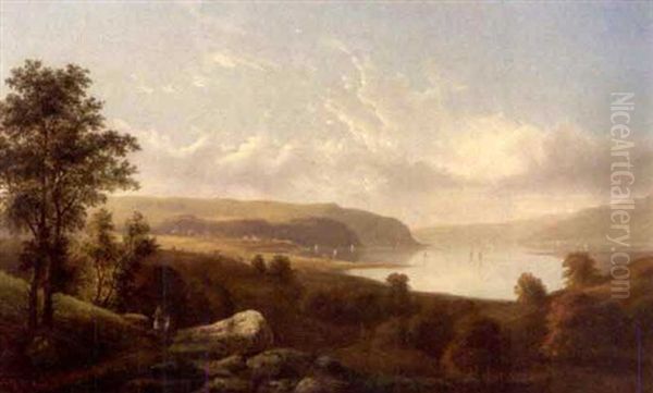 View Of The Hudson River With Figures On A Path Oil Painting by Gunther Hartwick