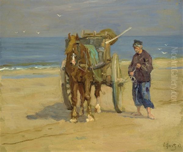 Krabbenfischer Mit Pferdefuhrwerk Oil Painting by Louis Hartz