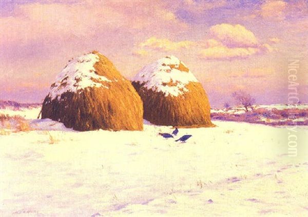 Two Haystacks In Snow Oil Painting by George Harvey