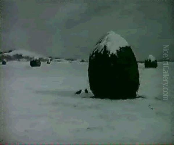 Haystacks In Winter Oil Painting by George Harvey