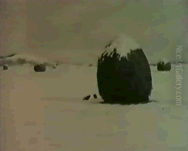 Haystacks In Winter Oil Painting by George Harvey