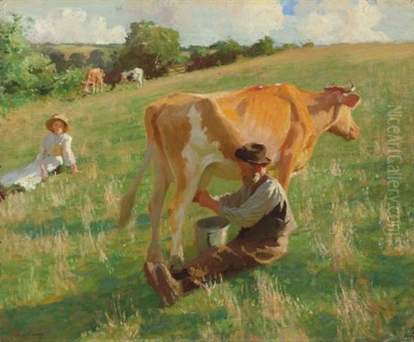 Summer Milking Oil Painting by Harold Harvey