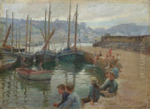 Boys On The Harbour Wall, Penzance Oil Painting by Harold Harvey