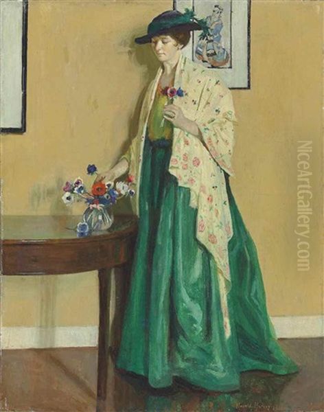 Lady In An Interior Arranging Flowers Oil Painting by Harold Harvey