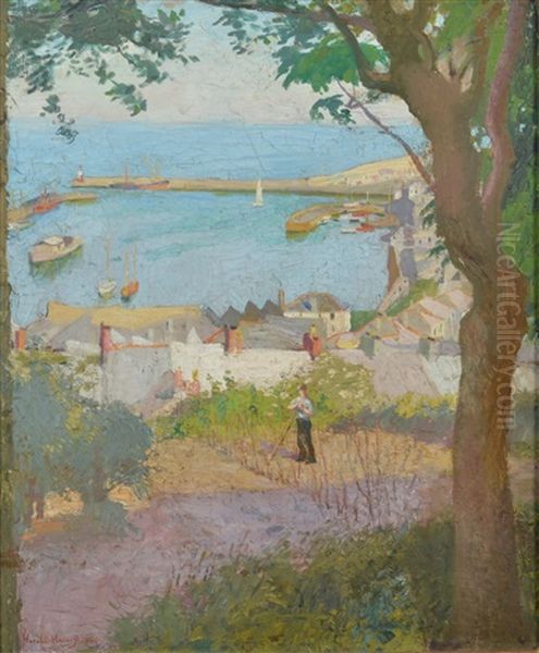 Looking Down To Newlyn Harbour Oil Painting by Harold Harvey