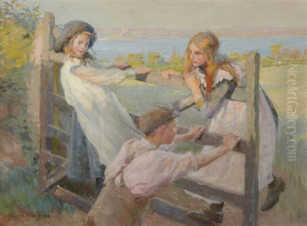 Swinging On A Gate Oil Painting by Harold Harvey