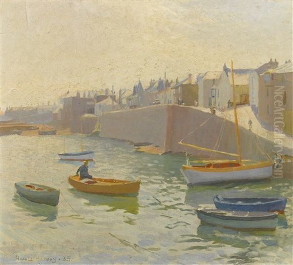 Morning, Newlyn Harbour Oil Painting by Harold Harvey