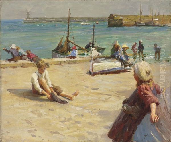 Children On The Quay, Newlyn Oil Painting by Harold Harvey