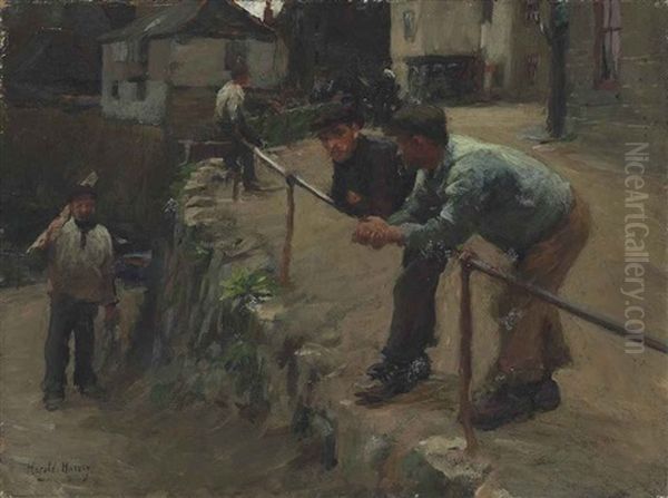 Figures On A Quay, Mousehole Oil Painting by Harold Harvey