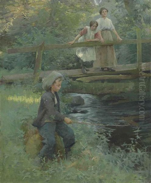 Fishing By A Woodland Stream Oil Painting by Harold Harvey