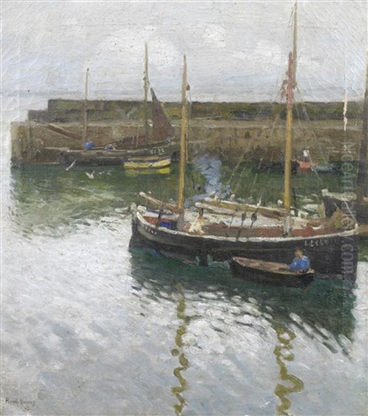 Boats At Newlyn Harbour Oil Painting by Harold Harvey