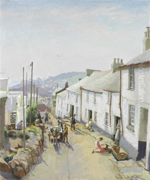 Old Newlyn Oil Painting by Harold Harvey