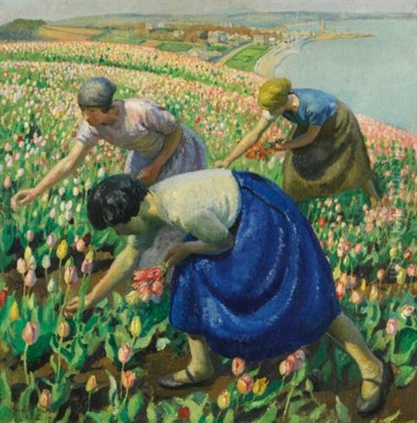 Tulip Pickers Oil Painting by Harold Harvey