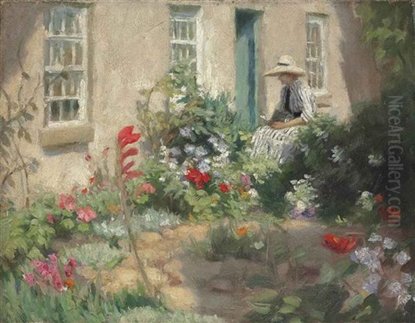 A Woman Reading In A Garden Oil Painting by Harold Harvey